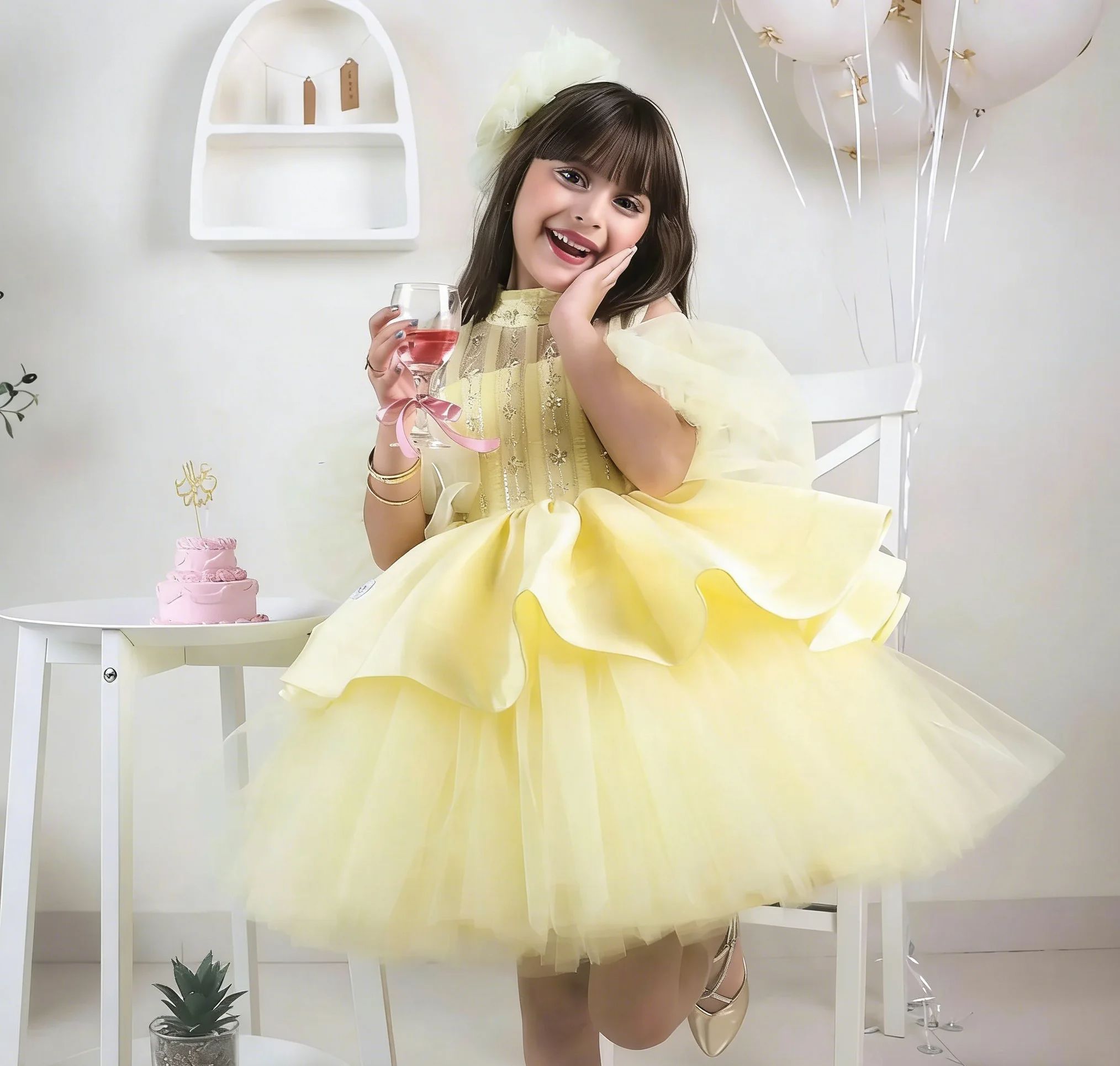 Embroidery Yellow Dress - فساتين فتاة الزهور الصفراء لحفلات الزفاف